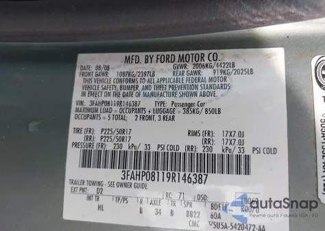 2009 Ford Fusion Sel из США, поврежденный, VIN 3FAHP08119R146387